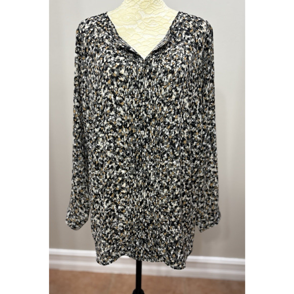 Talbots 1X Pleated Popover Top Long Sleeve Printed V Neck Black Gray‎ Chiffon - Picture 1 of 11